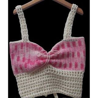 Áo len crochet phối lưới cột dây lưng