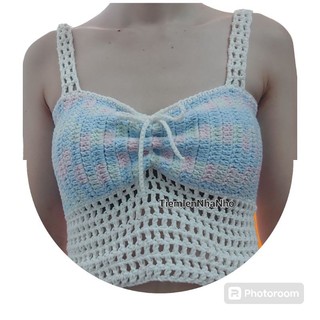 Áo len crochet phối lưới cột dây lưng