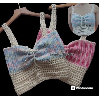 Áo len crochet phối lưới cột dây lưng