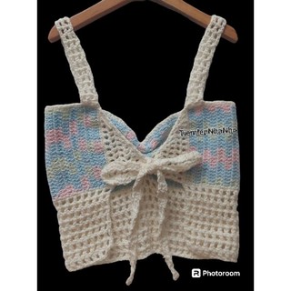 Áo len crochet phối lưới cột dây lưng