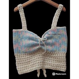 Áo len crochet phối lưới cột dây lưng