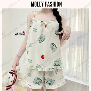 Set đồ ngủ hai dây LITTLE DINO chất đũi mềm thoáng mát bốn mùa nhiều họa tiết Freesize dưới 55kg Molly Fashion