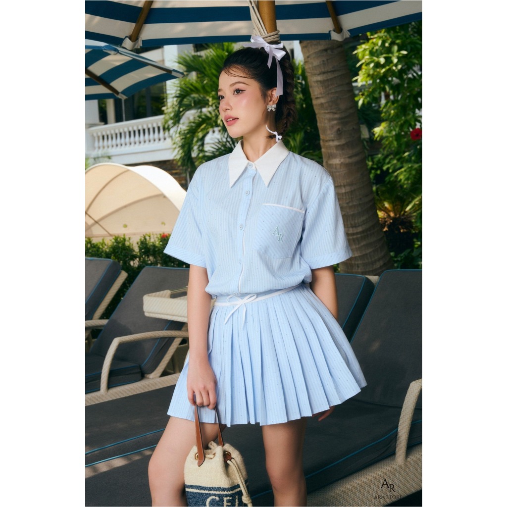 ARA -Váy thiết kế dáng sơ mi kẻ xanh xòe xếp li Soile Dress V64