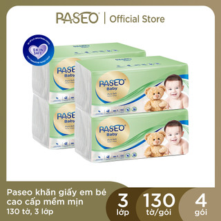 Combo 4 gói khăn giấy rút cao cấp Paseo baby siêu mềm mại dành cho em bé 3 lớp 130 tờ/gói