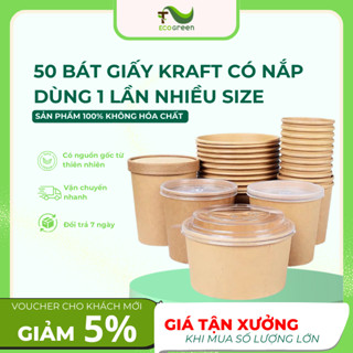 Combo 50 Tô Giấy, Bát Giấy Kraft Chịu Nhiệt Có Nắp Bằng, An Toàn Môi Trường - T2ECOGREEN