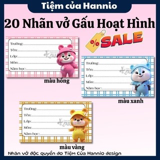 Set 20 nhãn dán/nhãn vở Gấu Hồng, Gấu Xanh, Gấu Vàng