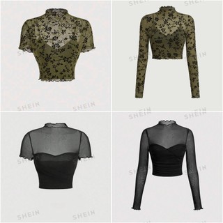 XUXIU TOP - Áo croptop tay ngắn cổ lọ kiểu lưới hai lớp cá tính