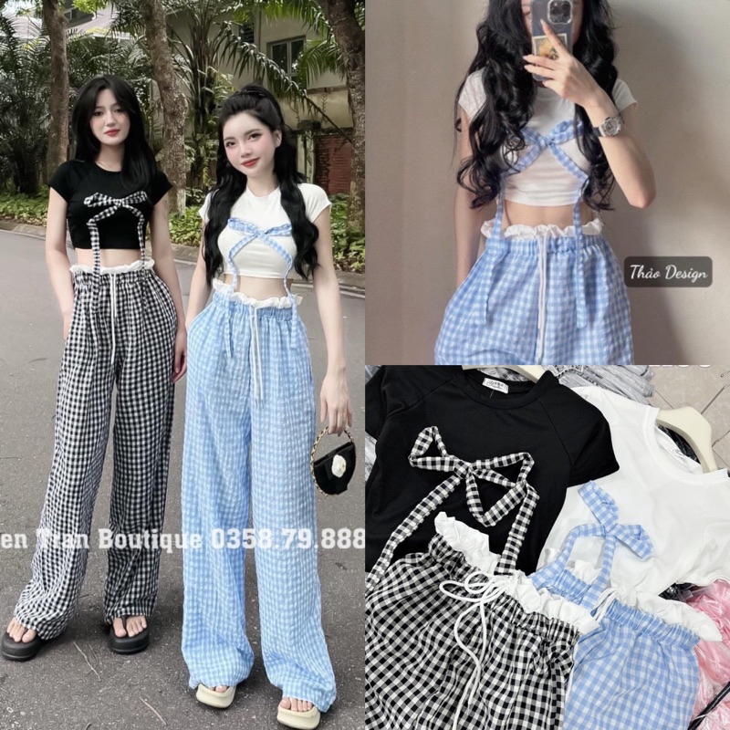XU3- Sét bộ thun nữ, sét bộ carro, áo croptop đính nơ to, quần carro suông dài lưng thun nhún eo
