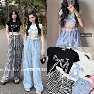 XU3- Sét bộ thun nữ, sét bộ carro, áo croptop đính nơ to, quần carro suông dài lưng thun nhún eo