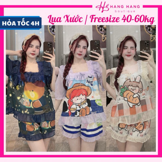 Bộ đồ ngủ cỡ nhỏ 40-60kg, đồ bộ nữ pijama đùi ngắn tay voan cổ vuông ren lụa xước, đồ ngủ lụa tiểu thư mặc nhà cute xinh
