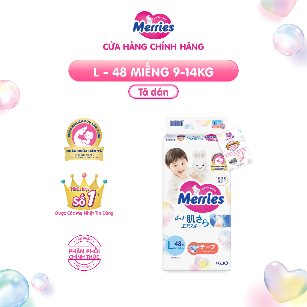 Tã/bỉm dán Merries size L - 48 miếng (dành cho bé từ 9 - 14kg)
