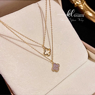 Vòng Cổ 2 Lớp Mặt Cỏ 4 Lá Dây Chuyền Nữ 2 Tầng Mặt Hoa 4 Cánh Đính Đá Zircon Set Vòng Cổ Thanh Lịch - N64