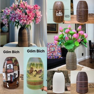 Bình Hoa Gốm Dáng Chuông To Cao 33cm Men Mộc Khắc Tay Gốm Sứ Bát Tràng - Lọ Hoa Đẹp - Gốm Bích