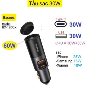 Tẩu sạc nhanh ô tô 30W Baseus Share together Fast Charge 2 cổng sạc Type C + USB (CCBX120C)