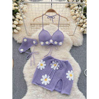 Set bikini 3 món len họa tiết hoa cúc