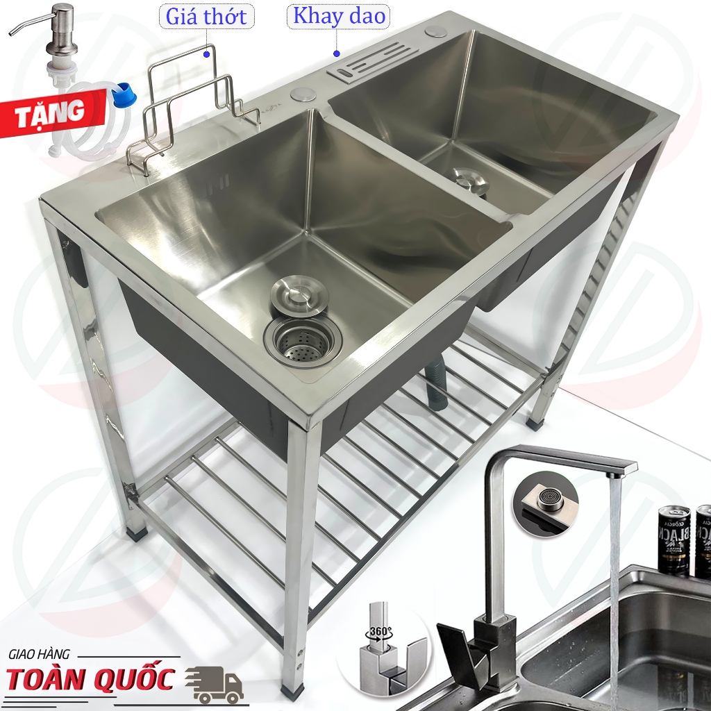 COMBO Chậu Rửa Chén Bát 2 Hộc Đa Năng 82x45cm Có Chân Kèm Vòi - Mua đủ bộ có vòi tặng đầu xịt xà bông