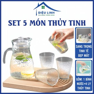  Bình Thủy Tinh Cao Cấp Chịu Nhiệt Sang Trọng,Bộ Bình Kèm 4 Ly Thủy Tinh Vân Nhám Dieulinhshop 