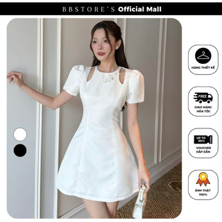Đầm xòe tay phồng dự tiệc cổ tròn cutout kết hoa đá trước ngực bbstore's -d3375