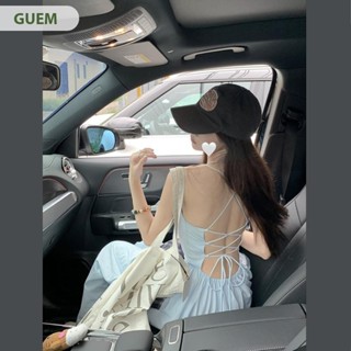 [Sẵn] Váy Đầm Dài Hai Dây GUEM Màu Xanh Hở Lưng Gợi Cảm Đi Biển Xuân Hè Thời Trang Nữ 2024 A161