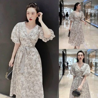 đầm xòe lụa họa tiết hoa cổ v tay phồng phối  dây cột eo Sam Closet Phù Hợp Để Tới Công Sở, Đi Làm Hoặc Đi Chơi