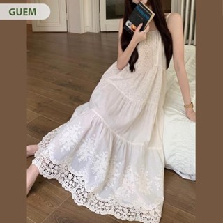 [Sẵn] Váy Đầm Dài Hai Dây GUEM Phối Ren Dáng Suông Màu Trắng Đi Biển 2 Dây Chữ A Xuân Hè 2024 A145