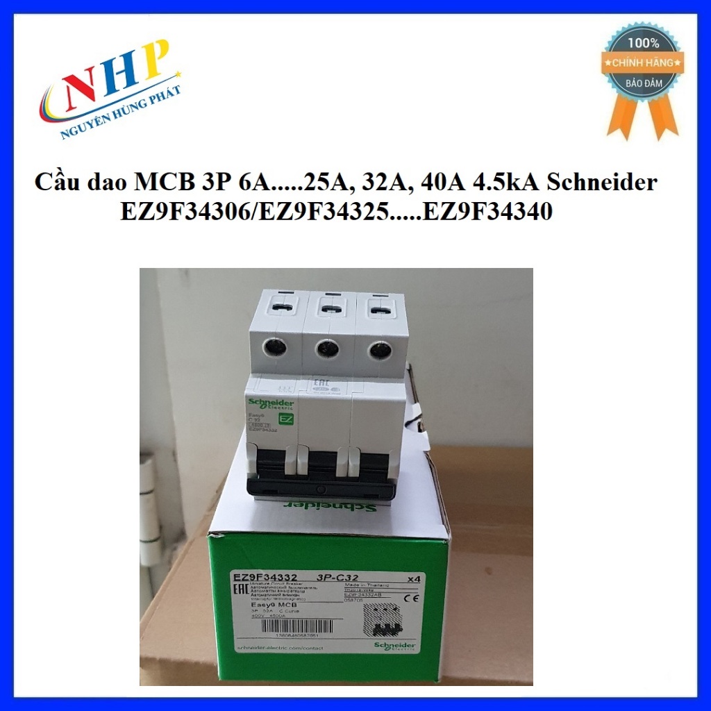 Cầu dao MCB 3P 6A,10A...50A, 63A 4.5kA Schneider EZ9F34306...EZ9F34332/EZ9F34350/EZ9F34363