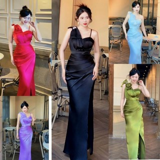 Đầm dạ hội thiết kế phi lụa nơ vai 1 dây cao cấp tko tặng hoa tai