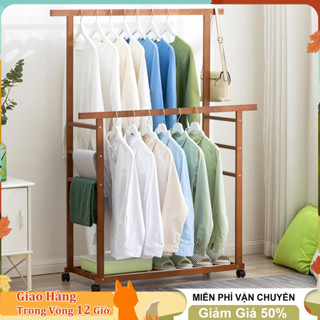 HUHU Kệ treo quần áo đôi Giá treo quần áo treo khăn gỗ thông nhập khẩu chắc chắc, di chuyển tiện lợi
