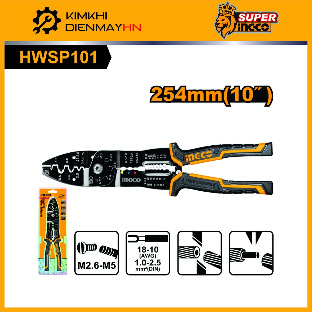 Kìm tuốt dây điện, bấm cos đa năng INGCO HWSP101 254 mm