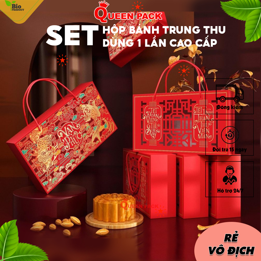 SET Hộp Đựng Bánh Trung Thu 2 Bánh Bách Hợp Queen Pack Dùng Biếu Tặng Cao Cấp