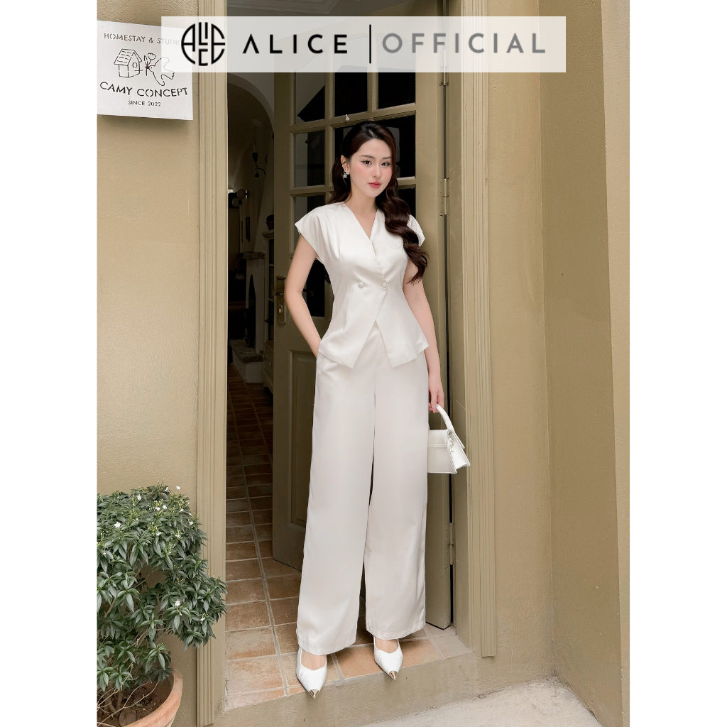 Set Áo Cổ V Quần Dáng Suông ALICE Tay Ngắn Chất Lụa Bò Mềm Mát Phong Cách Công Sở S337