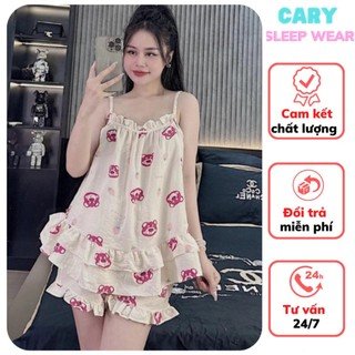 Đồ ngủ 2 dây sexy chất đũi xốp mềm mát bộ đồ ngủ mặc nhà ngắn hai dây hoạt hình dễ thương CARY