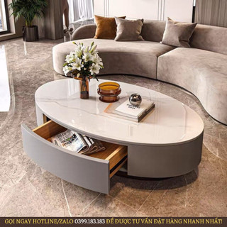 Bàn trà sofa elip có ngăn kéo cất đồ, bàn uống nước mặt đá ceramic chống ố, thiết kế sang trọng nc furniture