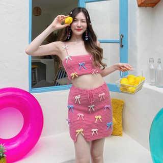 Set váy len sweetie áo 2 dây + chân váy đính nơ dễ thương đi biển