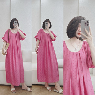 Petbychang - Váy Tơ Lụa Chấm Bi Tay Bồng Phom Suông Basic, Tone Màu Hồng Siêu Tôn Da