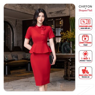 Set vest ký giả cao cấp cổ phối nơ hoa thiết kế Chiffon