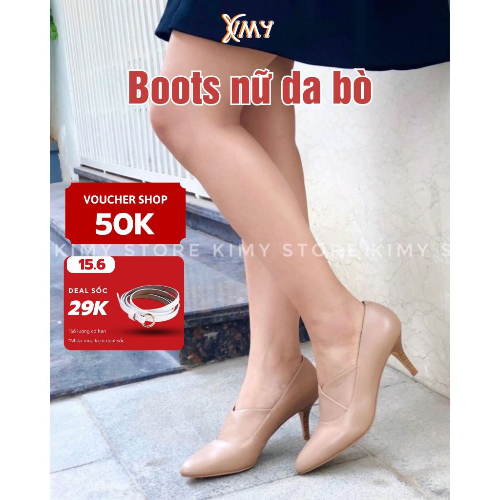 Bốt nữ cổ thấp da thật, Boot nữ cao gót 7cm hàng VNXK - Kimystore