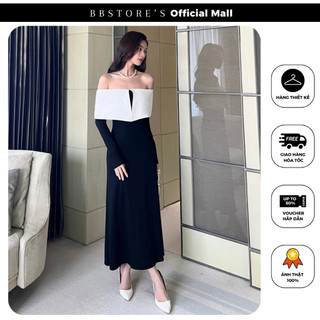  Đầm Dài Trễ Vai Tay Dài Dự Tiệc Bảng Phối Trắng (không kèm hoa cổ) BBSTORE'S -D2821
