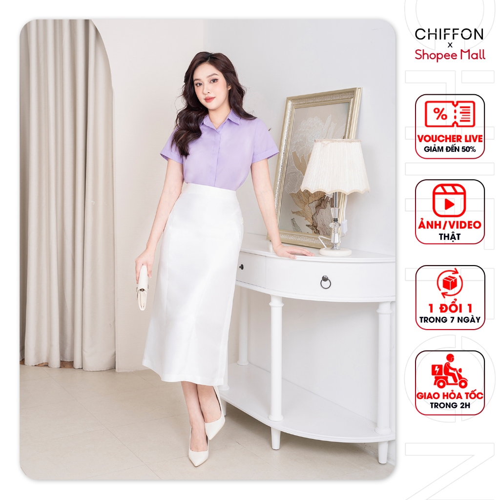 Chân váy tafta chữ A xếp ly eo Chiffon