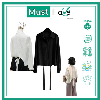 Áo Sơ Mi Nữ Dài Tay Must Have Dáng Lửng Thắt Nơ Trong Tôn Dáng Tay Phồng