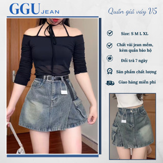 Quần váy jean V5 [GGU JEAN] Quần jean xòe dáng A vạt chéo 2 màu cạp cao cá tính, năng động dưới 60kg