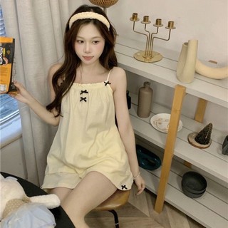 Bộ ngủ hai dây đũi mềm nơ xinh xắn, bộ đồ ngủ pijama hai dây freesize 40-58kg siêu xinh H10