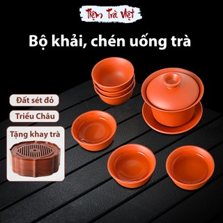 Bộ ấm chén Triều Châu, chén khải tử sa Nghi Hưng đất sét đỏ