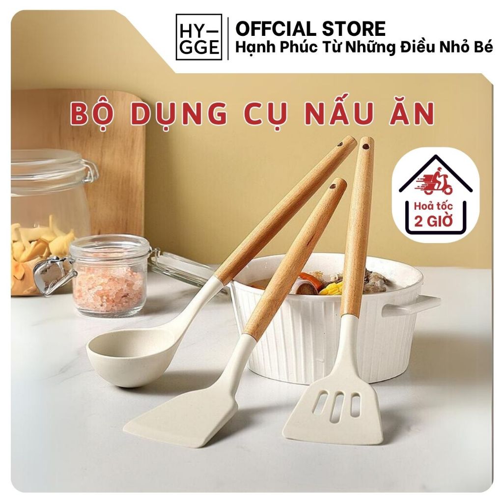 Set Dụng Cụ Nấu Ăn Silicon Tay Cầm Gỗ Chống Dính Khả Năng Chịu Nhiệt Tốt, Bộ Muôi Xẻng Thủng Nhà Bếp
