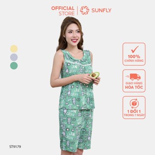 Bộ pijamas nữ SUNFLY chất lanh ht độc quyền dáng áo sát nách quần trên gối ST9179