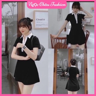 Đầm thun tăm co dãn form chữ A tay ngắn cổ bẻ trắng dáng mini trên gối form 38-54kg