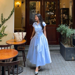 Váy Sơ Mi Sọc Dáng Dài Nữ, Tùng Xếp Ly, Thắt Chất Thô Cotton