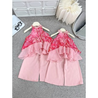 SV72 - Set  bộ lụa cổ yếm 2 tà màu Hồng mix quần lụa xuông cho bé gái từ 8-30kg
