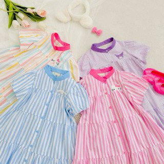 V69 - Váy bé gái dáng suông cổ tàu họa tiết kẻ tay bồng 4 màu cho bé diện dễ thương 8 -30kg
