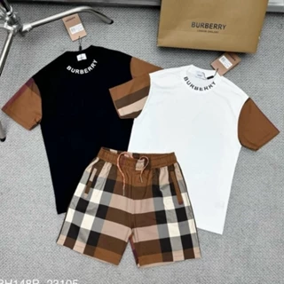 Bộ đồ nam cộc tay mặc hè BBR cotton in chữ viền bo cổ phối ống tay và quần kẻ sọc nâu đen trắng hot nhất 2024